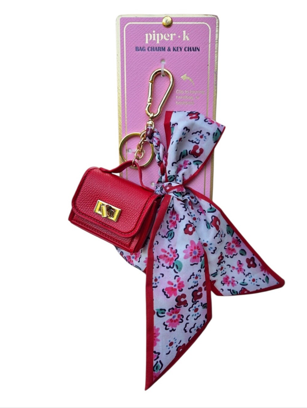 Piper K Red Mini Faux Leather Bag & Floral Satin Bow Scarf Bag Charm Keychain